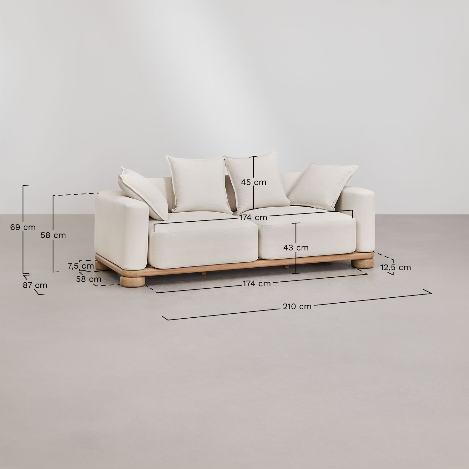 Conjunto de salón con sofá de 2 plazas y mesa de centro en madera de acacia 125x80 cm Ioanis, medidas