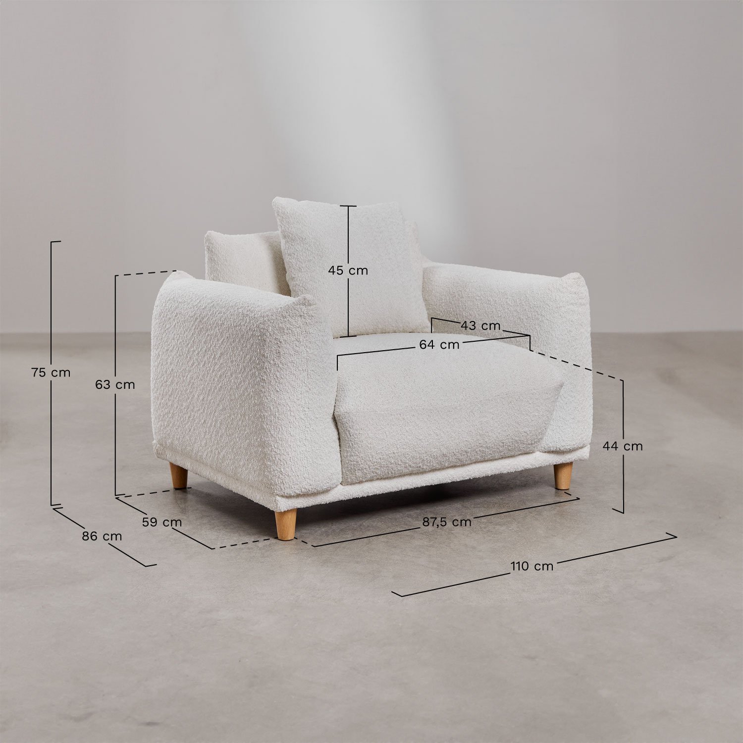 Sillón en bouclé Eracli, medidas