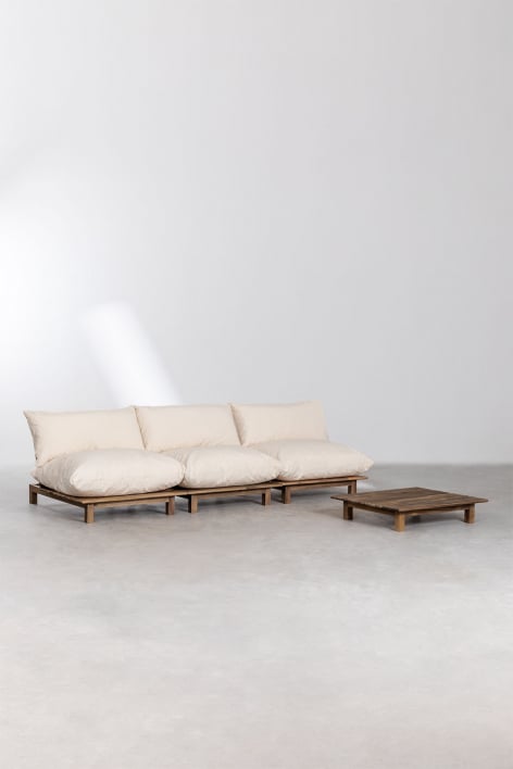 Conjunto de salón con sofá modular reclinable de 3 piezas y mesa de centro en madera de acacia Brina - Beige Crema