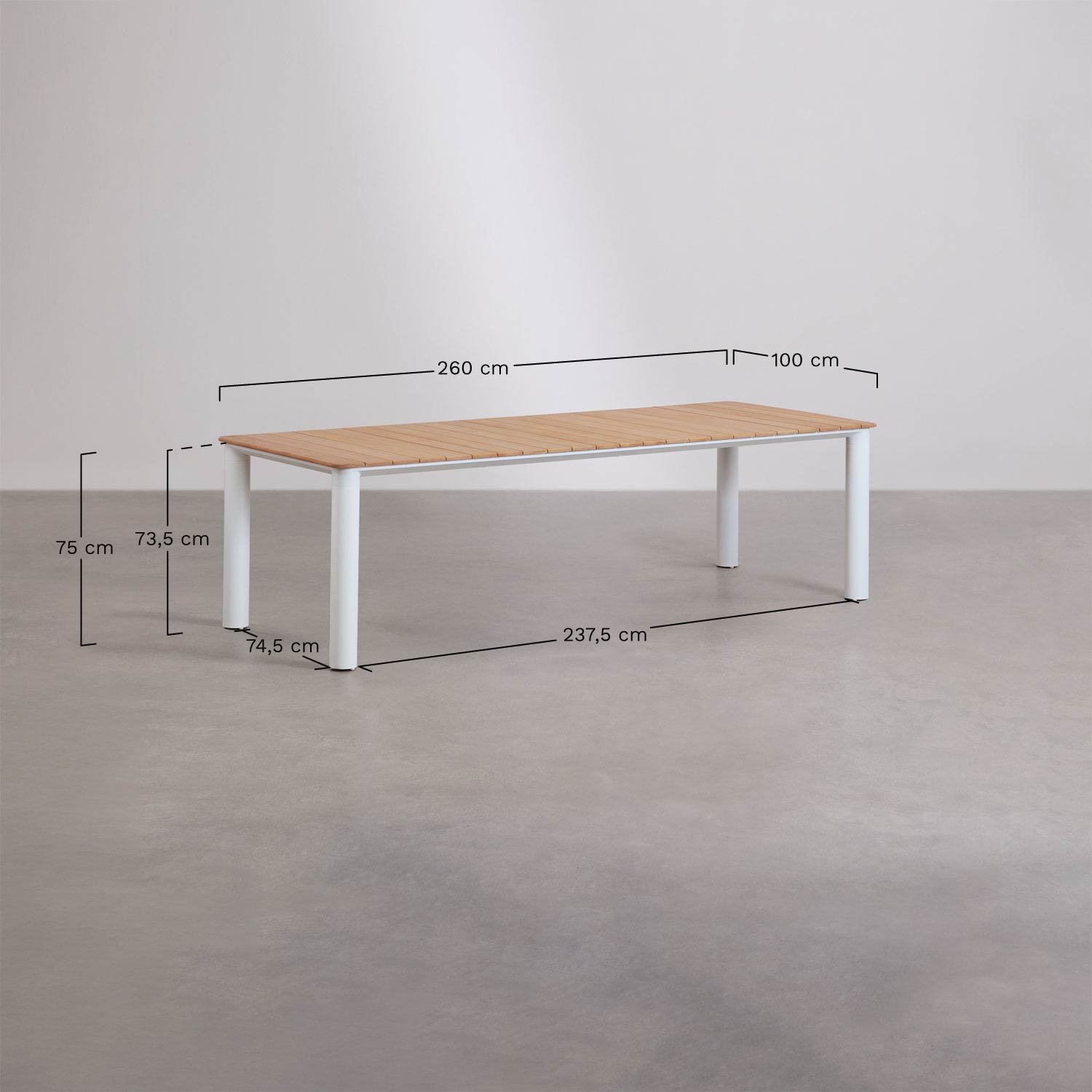 Set de mesa rectangular 260x100 cm en aluminio y madera de teca Sirka y 8 sillas de jardín con reposabrazos en madera Saira, medidas