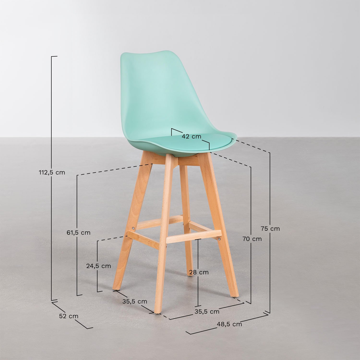 Pack de 2 taburetes altos 75 cm con cojín en polipiel Nordic, medidas