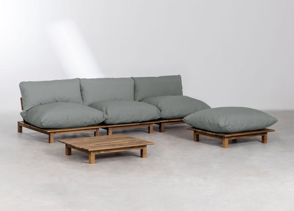 Conjunto de salón con sofá modular reclinable de 3 piezas, mesa de Centro y puff en madera de acacia Brina - Gris Antracita
