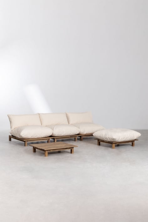 Conjunto de salón con sofá modular reclinable de 3 piezas, mesa de Centro y puff en madera de acacia Brina - Beige Crema