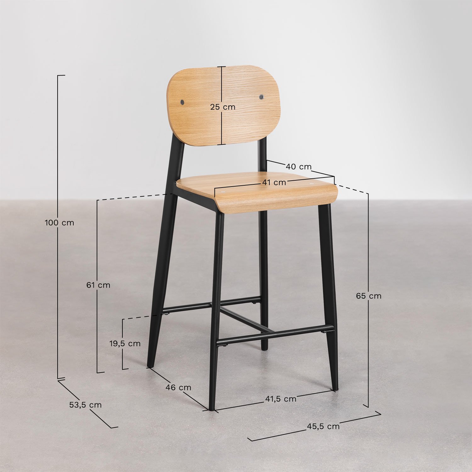 Taburete alto 65 cm en chapa de roble And, medidas