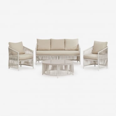 Conjunto De Jardín Con Sofá De 2 Plazas, 2 Sillones Y Mesas De Centro En Aluminio Y Cuerda Trenzada Sophie Blanco Gardenia - Sklum