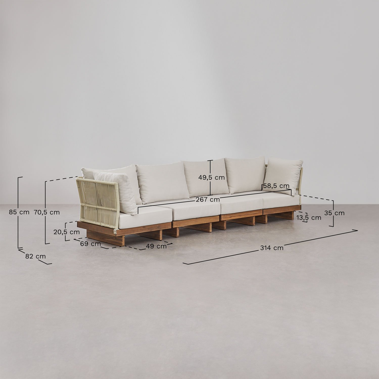 Sofá modular de jardín de 4 piezas con 2 sillones esquineros en madera de acacia Dailin, medidas