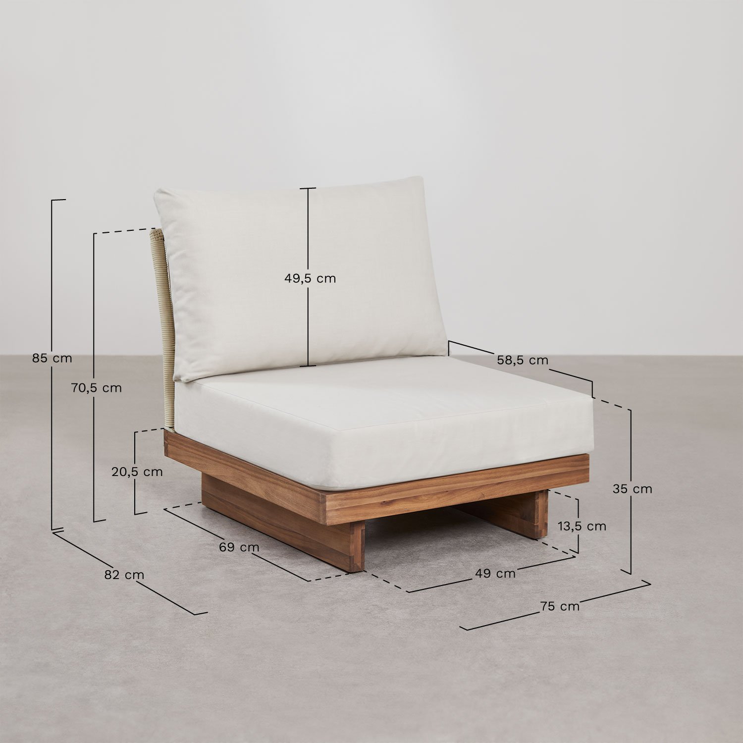 Conjunto de jardín con sofá modular de 3 piezas de 2 sillones esquineros,mesa de centro,sillón y puff en madera de acacia Dailin, medidas