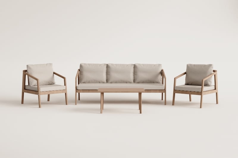 Conjunto de jardín con sofá, 2 sillones y mesa de centro en madera de acacia Kaela