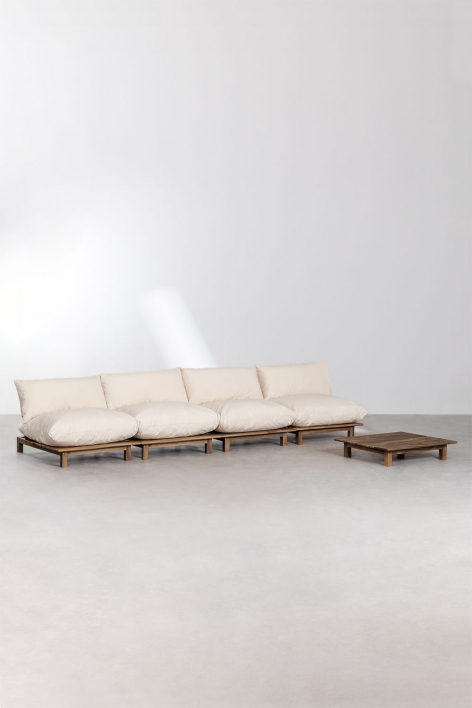 Conjunto de salón con sofá modular reclinable de 4 piezas y mesa de centro en madera de acacia Brina - Beige Crema