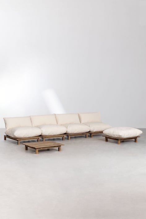 Conjunto de jardín con sofá modular reclinable de 4 piezas, mesa de centro y puff en madera de acacia Brina - Beige Crema
