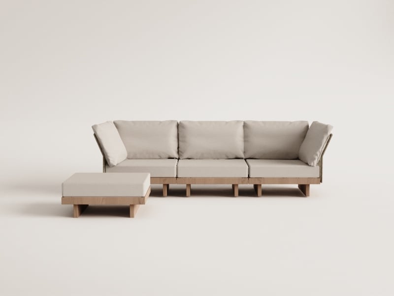 Sofá modular de jardín de 3 piezas con 2 sillones esquineros y puff en madera de acacia Dailin