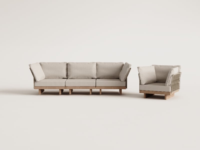 Conjunto de jardín con sofá modular de 3 piezas con 2 sillones esquineros y sillón en madera de acacia Dailin