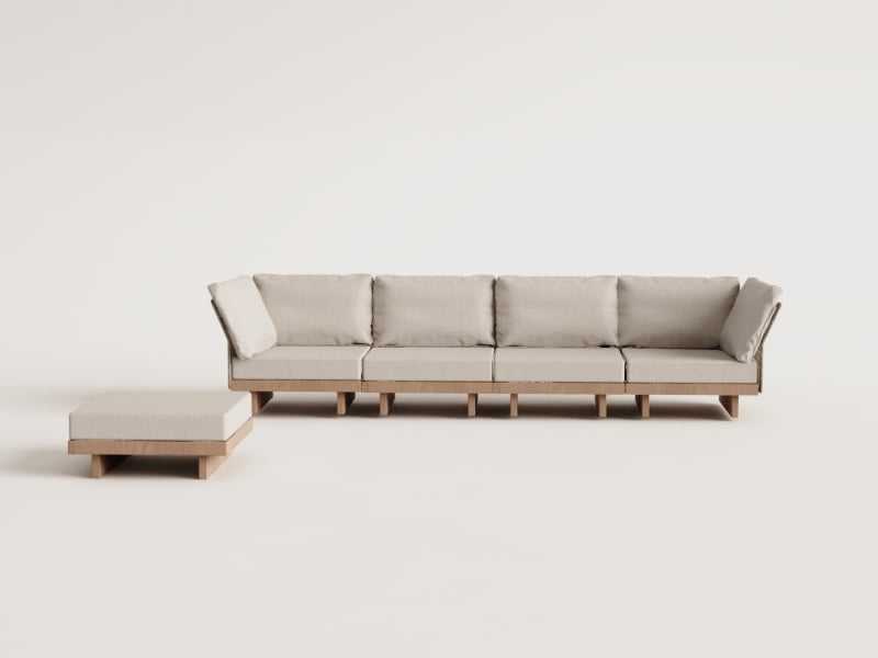 Sofá modular de jardín de 4 piezas con 2 sillones esquineros y puff en madera de acacia Dailin