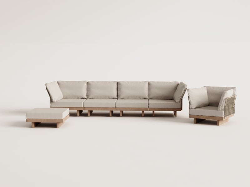 Conjunto de jardín con sofá modular de 4 piezas con 2 sillones esquineros, sillón y puff en madera de acacia Dailin