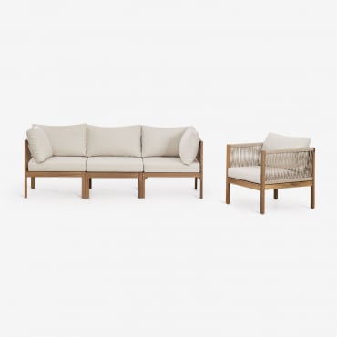 Conjunto De Jardín Con Sofá Modular De 3 Piezas Con Reposabrazos Y Sillón En Madera De Acacia Branson Blanco Gardenia - Marrón Acacia - Sklum