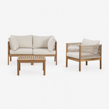 Conjunto De Salón Con Sofá Modular De 2 Piezas Con Reposabrazos, Sillón Y Mesa De Centro En Madera De Acacia Branson Blanco Gardenia - Sklum