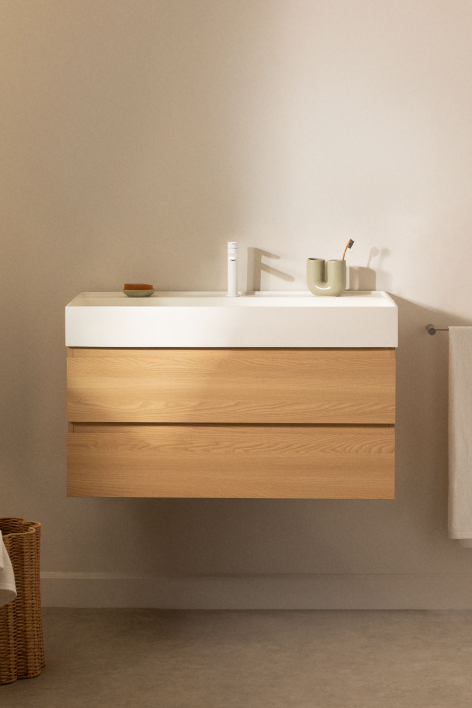 Conjunto de mueble de baño suspendido en madera y chapa de fresno con lavabo integrado Ona - Madera Natural