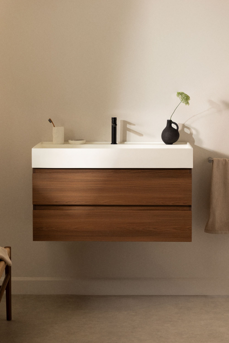 Conjunto de mueble de baño suspendido en madera y chapa de fresno con lavabo integrado Ona - Madera Oscura