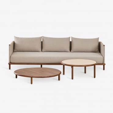 Conjunto De Salón Con Sofá De 3 Plazas Y 2 Mesas De Centro Redondas En Madera De Acacia Olivia Marrón Acacia Oscuro - Beige - Sklum