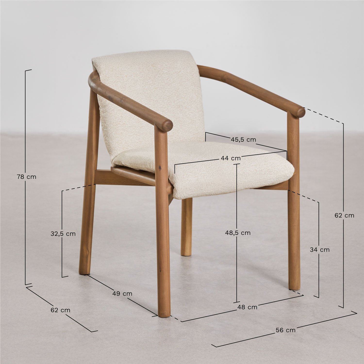 Silla de comedor con reposabrazos en madera de acacia Elmina, medidas