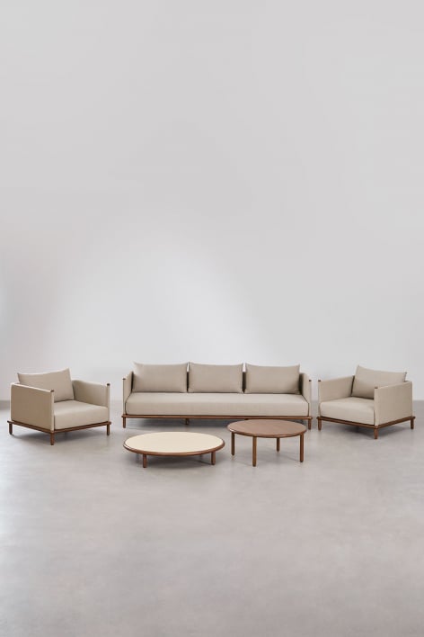 Conjunto de salón con sofá de 3 plazas, 2 sillones y 2 mesas de centro redondas en madera de acacia Olivia - Beige Semoline - Marrón Acacia Oscuro
