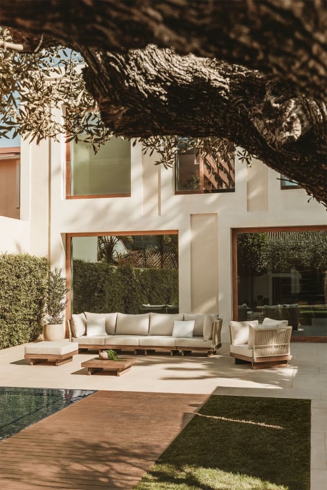 Conjunto de jardín con sofá modular 4 piezas de 2 sillones esquineros, mesa de centro, sillón y puff en madera de acacia Dailin