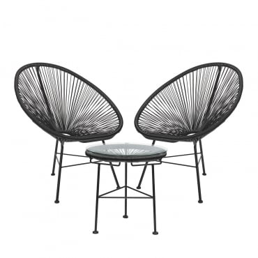 Conjunto De Salón Con 2 Sillones Y Mesa Auxiliar En Acero Y Mimbre Sintético New Acapulco Negro - Sklum