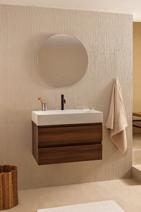Conjunto de mueble de baño suspendido en madera y chapa de fresno con lavabo integrado Ona - Madera Oscura
