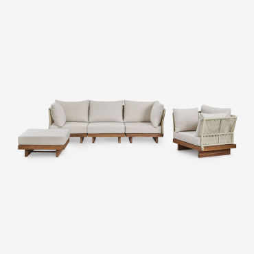 Conjunto De Salón Con Sofá Modular De 3 Piezas Con 2 Sillones Esquineros, Sillón Y Puff En Madera De Acacia Dailin Marrón Acacia - Sklum