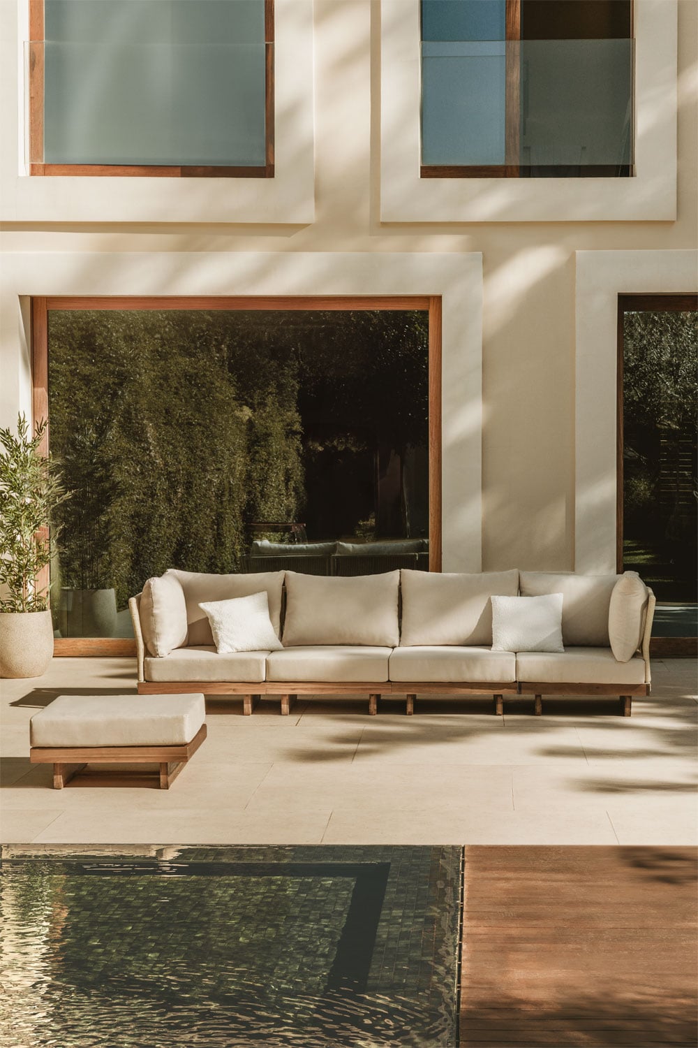 Sofá modular de jardín de 4 piezas y puff en madera de acacia