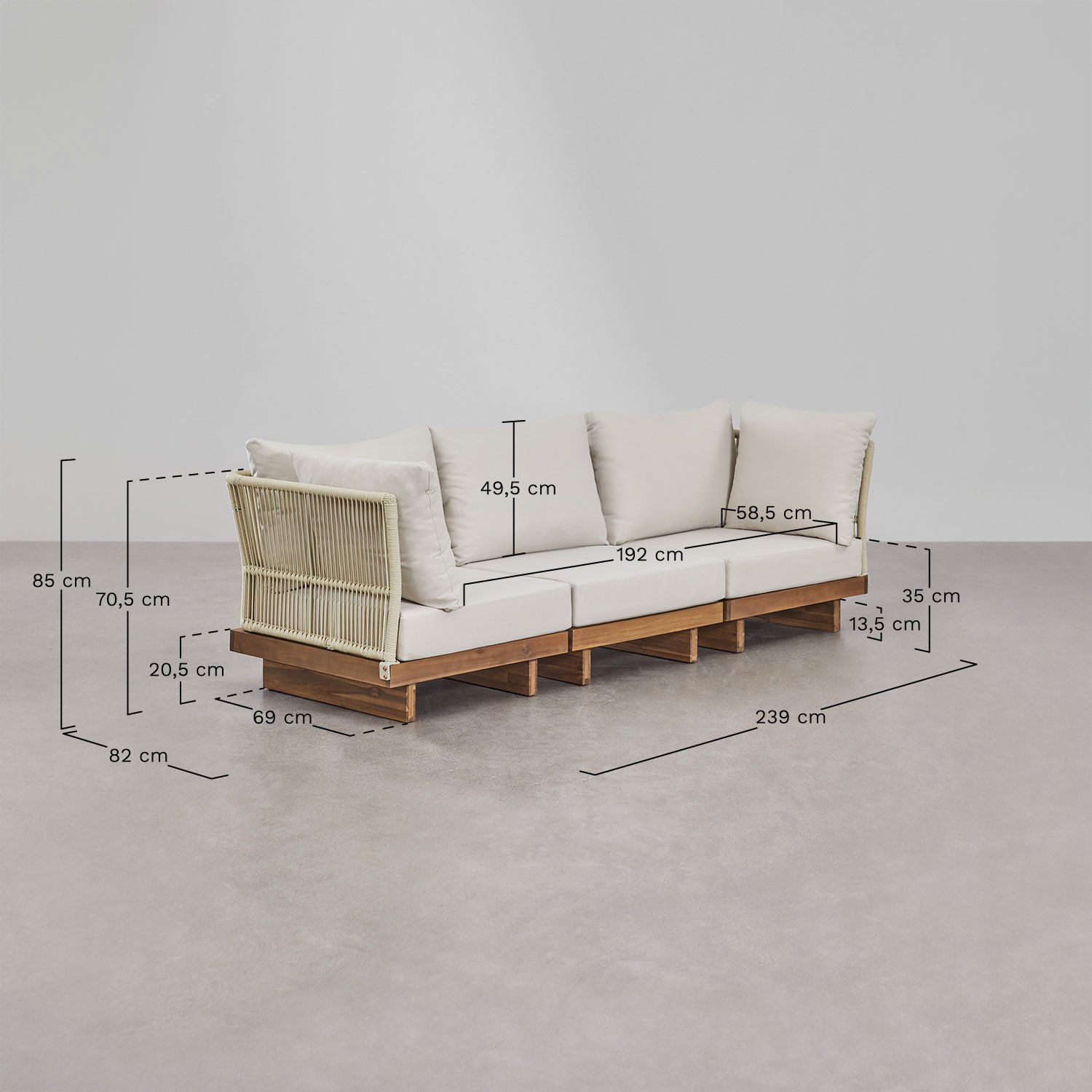 Conjunto de jardín con sofá modular de 3 piezas con 2 sillones esquineros y sillón en madera de acacia Dailin, medidas