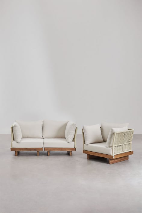 Conjunto de salón con sofá modular de 2 piezas con 2 sillones esquineros y sillón en madera de acacia Dailin