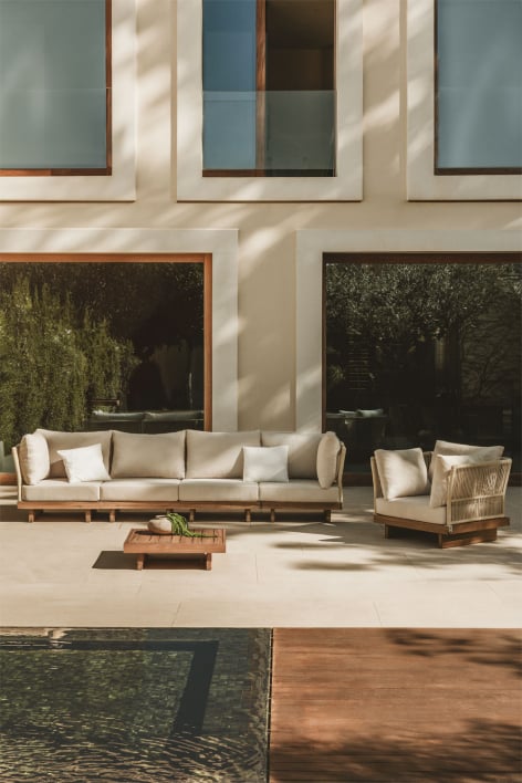 Conjunto de jardín con sofá modular de 4 piezas con 2 sillones esquineros, mesa de centro y sillón en madera de acacia Dailin