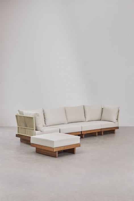 Sofá modular de 4 piezas con 2 sillones esquineros y puff en madera de acacia Dailin