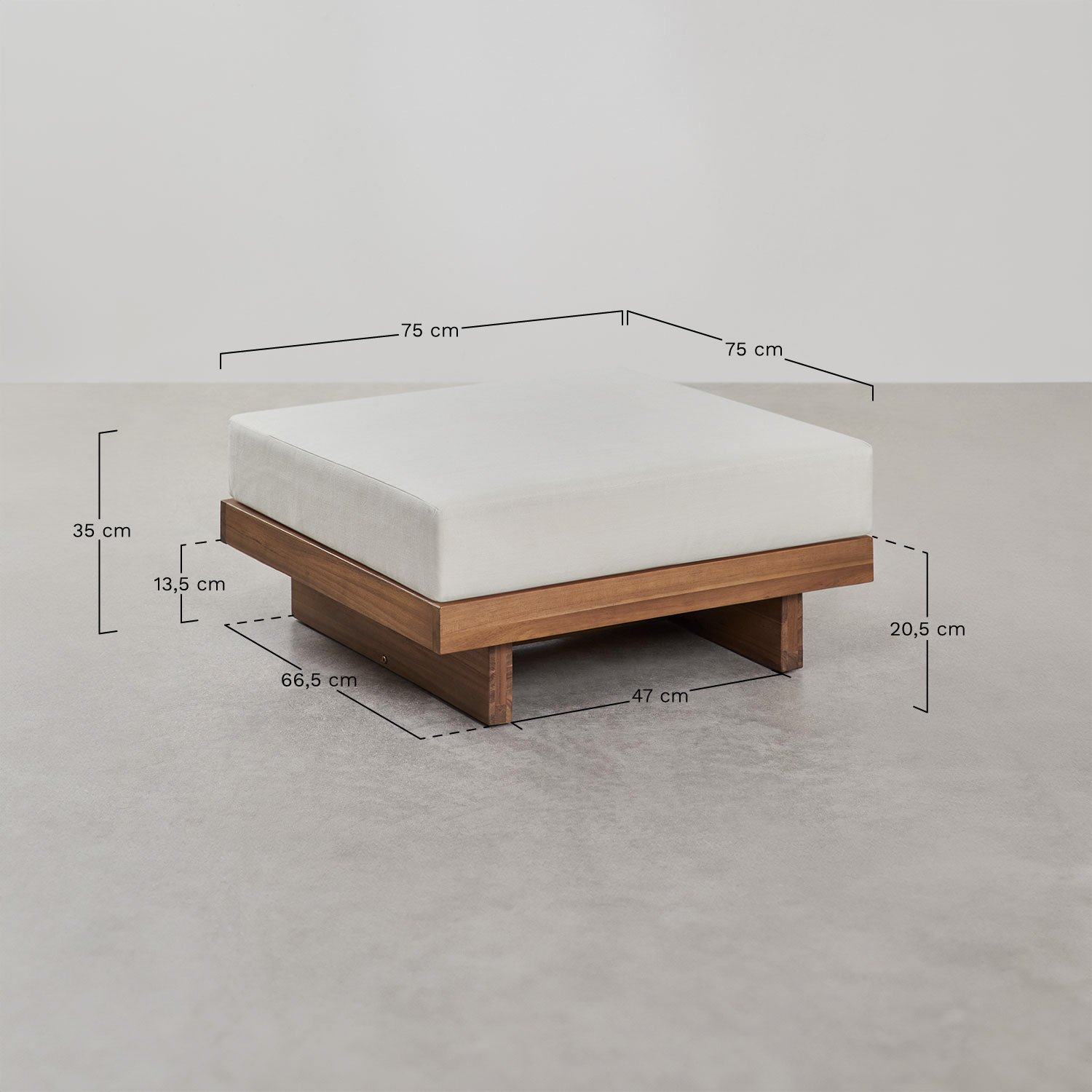 Conjunto de salón con sofá modular de 4 piezas con 2 sillones esquineros, mesa de centro y puff en madera de acacia Dailin, medidas