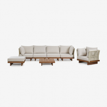 Conjunto De Salón Con Sofá Modular 4 Piezas De 2 Sillones Esquineros, Mesa De Centro, Sillón Y Puff En Madera De Acacia Dailin Marrón Acacia - Sklum