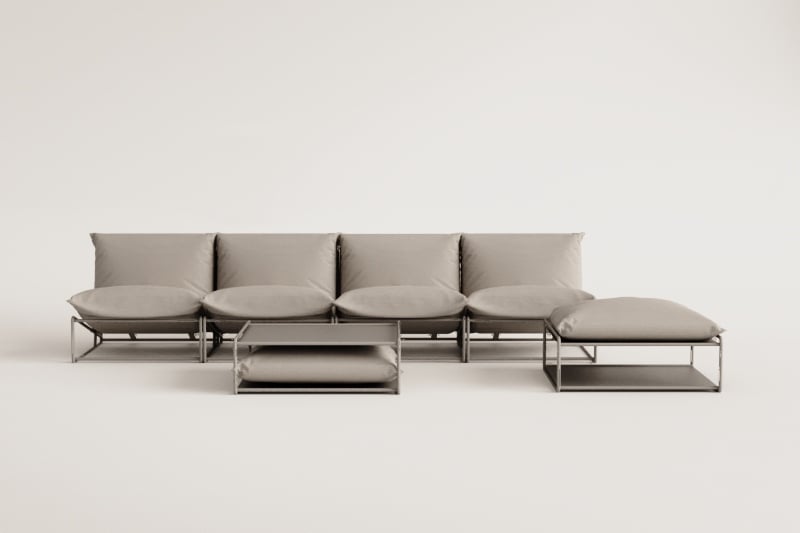 Conjunto de jardín con sofá modular de 4 piezas, mesa auxiliar y puff convertible Amaro
