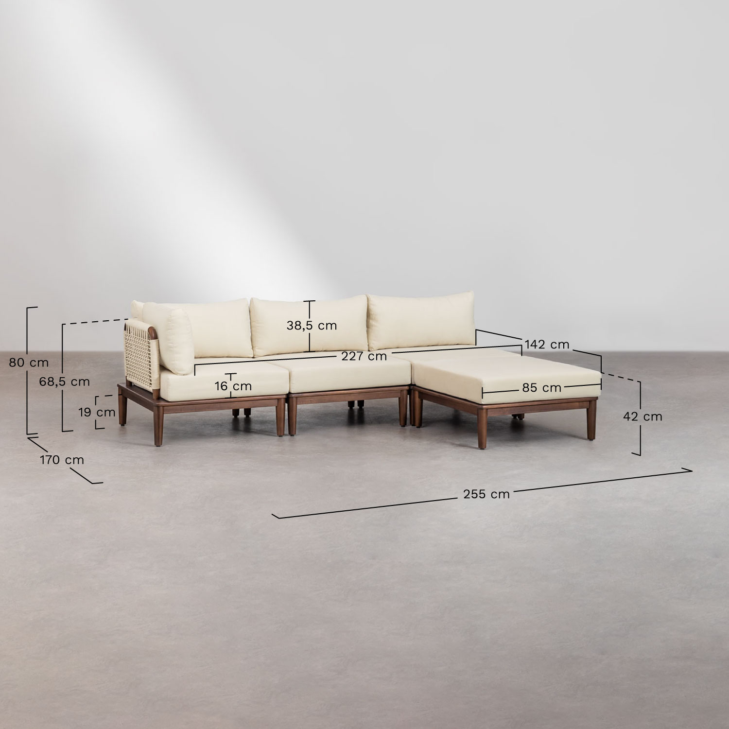 Conjunto de jardín con sofá modular esquinero de 3 piezas, mesa de centro y puff en acacia Giulia, medidas