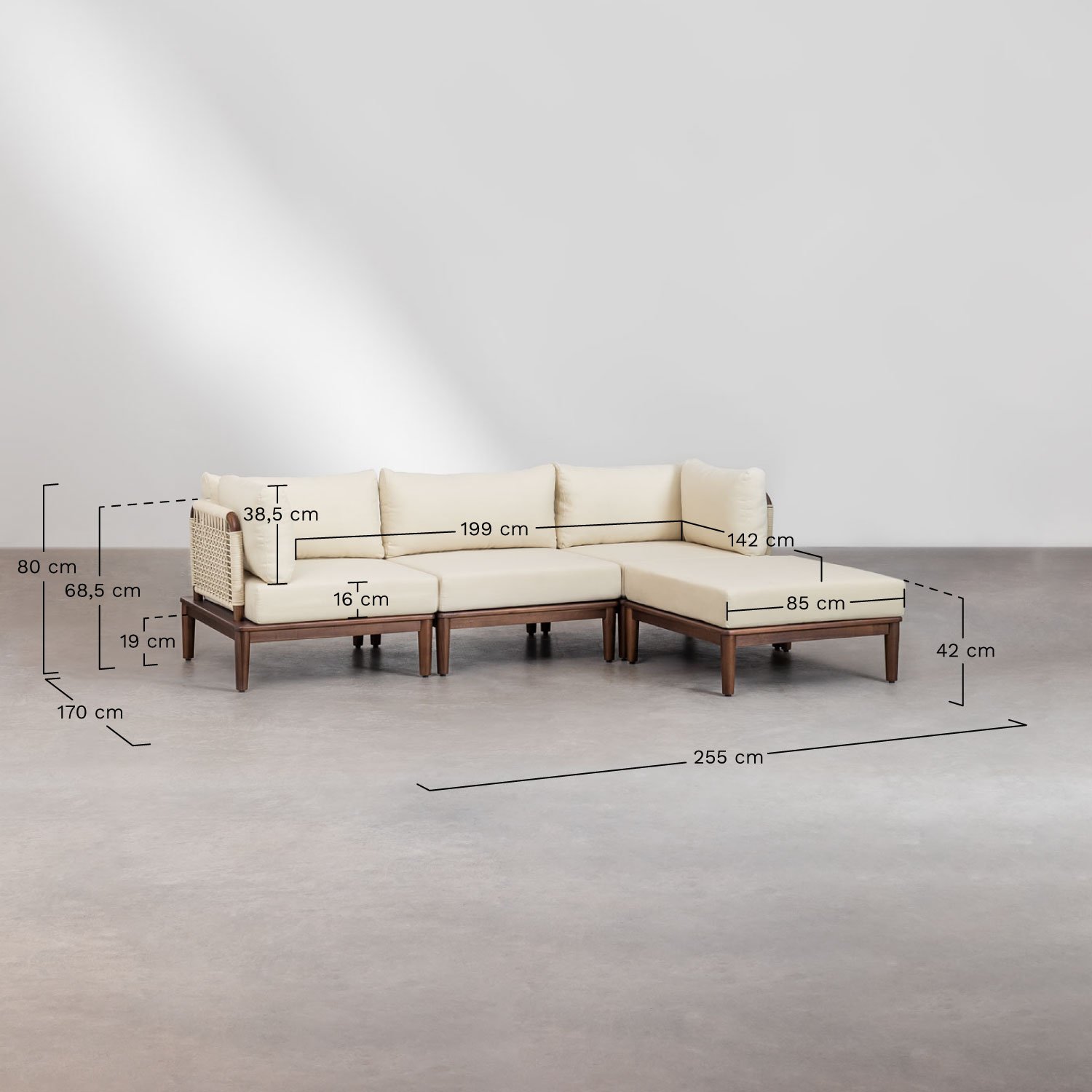 Sofá modular de jardín de 3 piezas con 2 sillones esquineros y puff en acacia Giulia , medidas