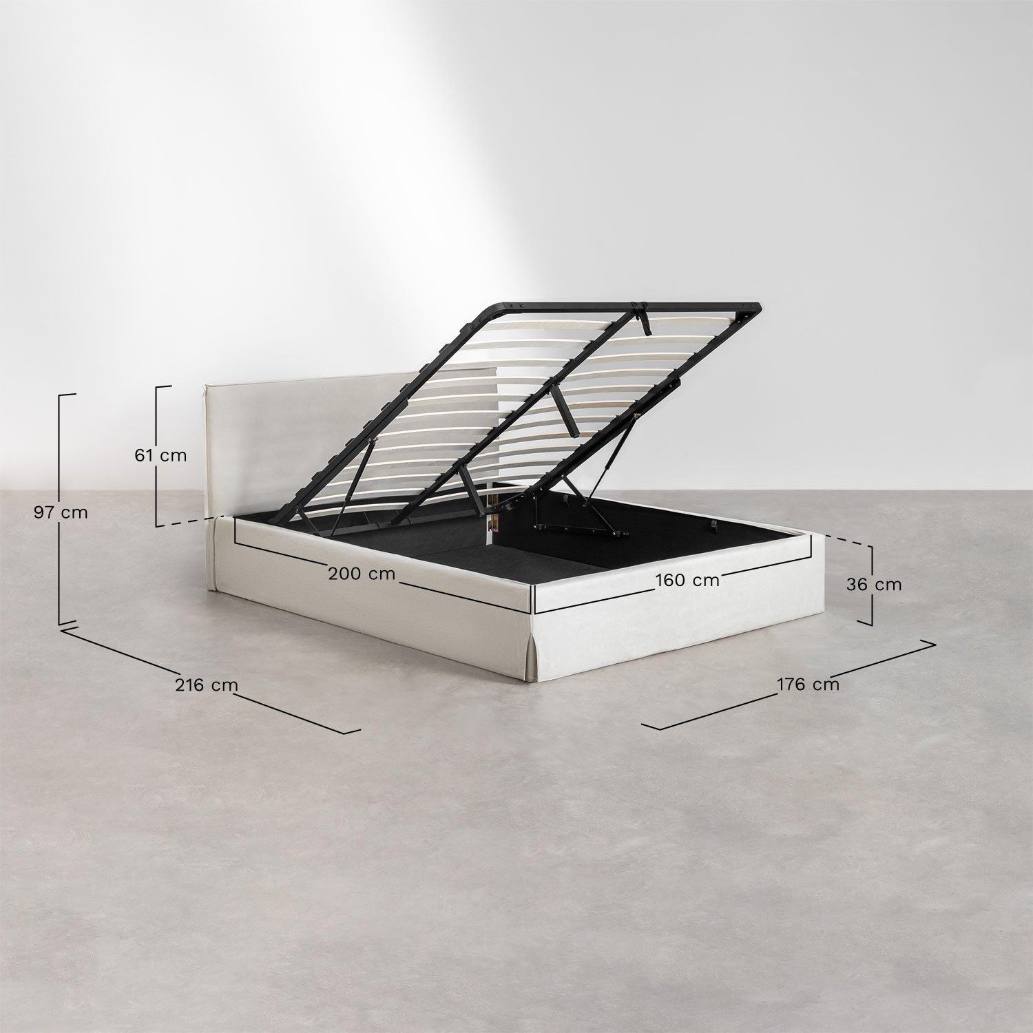 Cama con canapé abatible tapizada Lorea, medidas