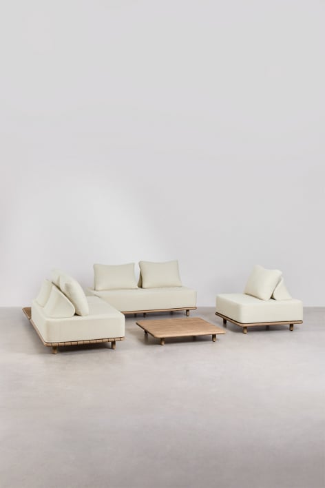 Conjunto de salón con sofá modular rinconera de 2 piezas,mesa auxiliar,sillón y mesa de centro 95x95 cm en acacia Portet