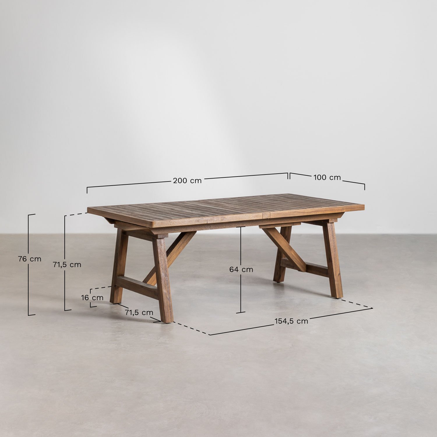 Set de mesa extensible rectangular 200-260-320x100 cm y 8 sillas de comedor con reposabrazos en madera de acacia Dubai     , medidas