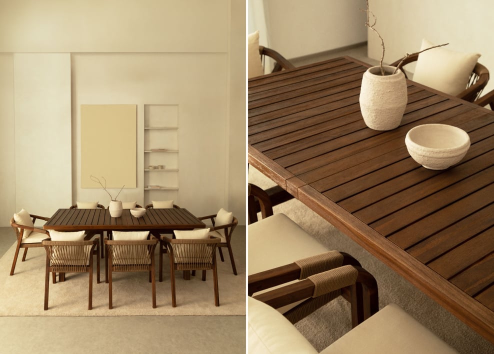 Set de mesa rectangular 200-260-320x100 cm extensible y 8 sillas de comedor con reposabrazos en madera de acacia Dubai