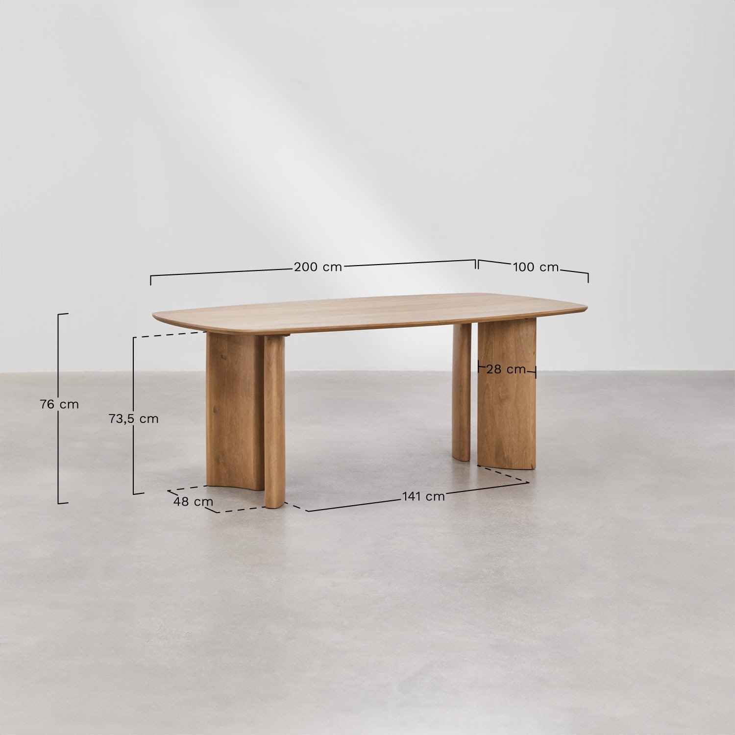 Set de mesa rectangular 200x100 cm en madera de mango Sidney y 6 sillas de comedor en bouclé Nagore, medidas