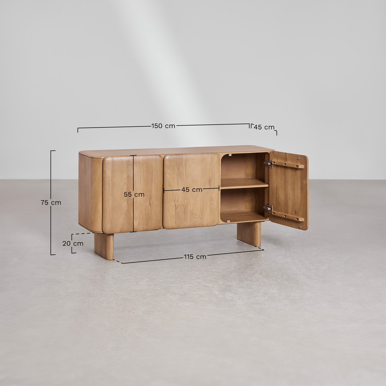 Aparador 150x75 cm en madera de mango Miller, medidas