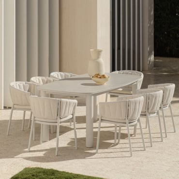 Set De Mesa Rectangular 220-280x100 Cm Extensible En Cerámica Zinti Y 8 Sillas De Jardín En Aluminio Y Tela Roderise Bouclé Colores Naturales - Sklum