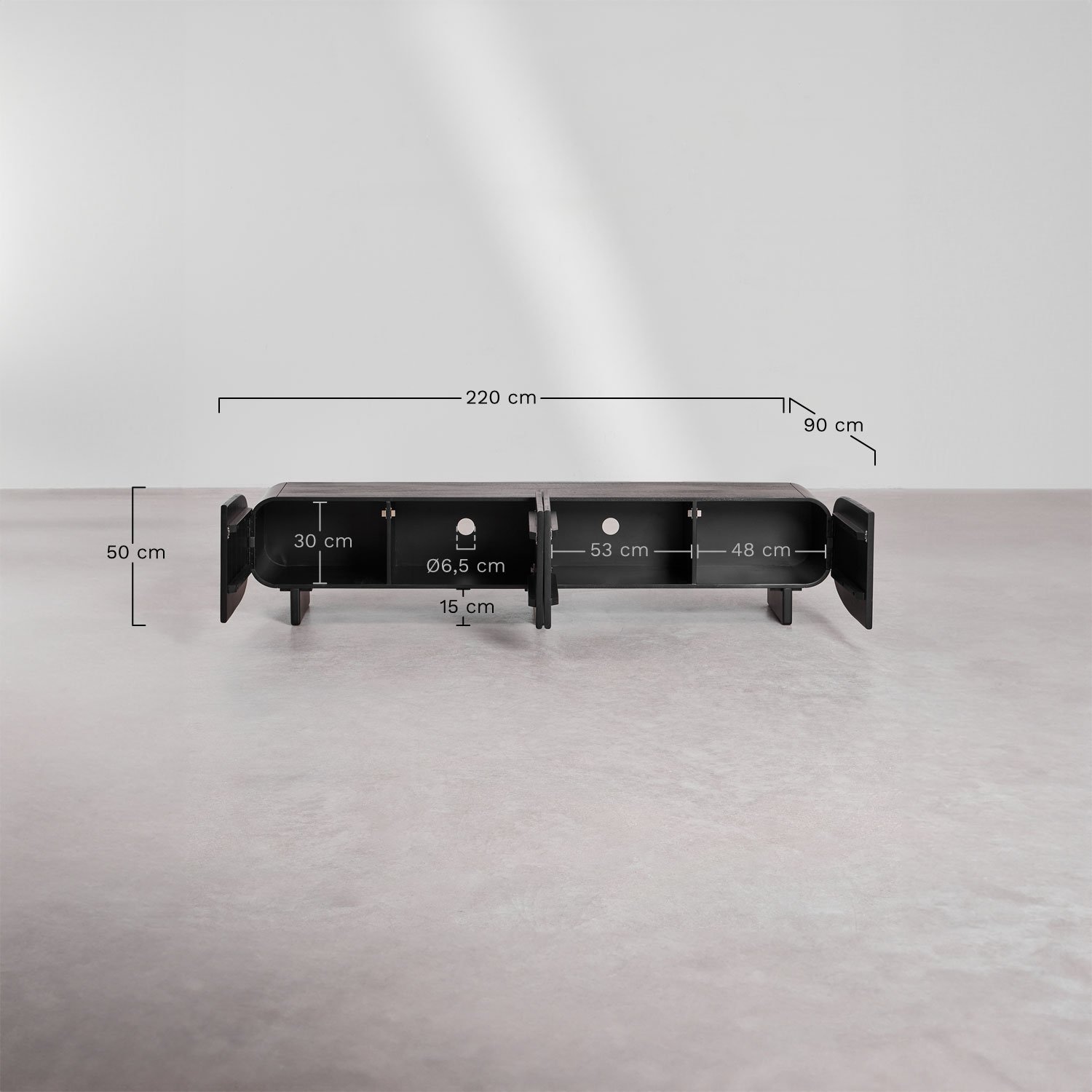 Mueble TV 220x40 cm en madera de mango Agathe, medidas