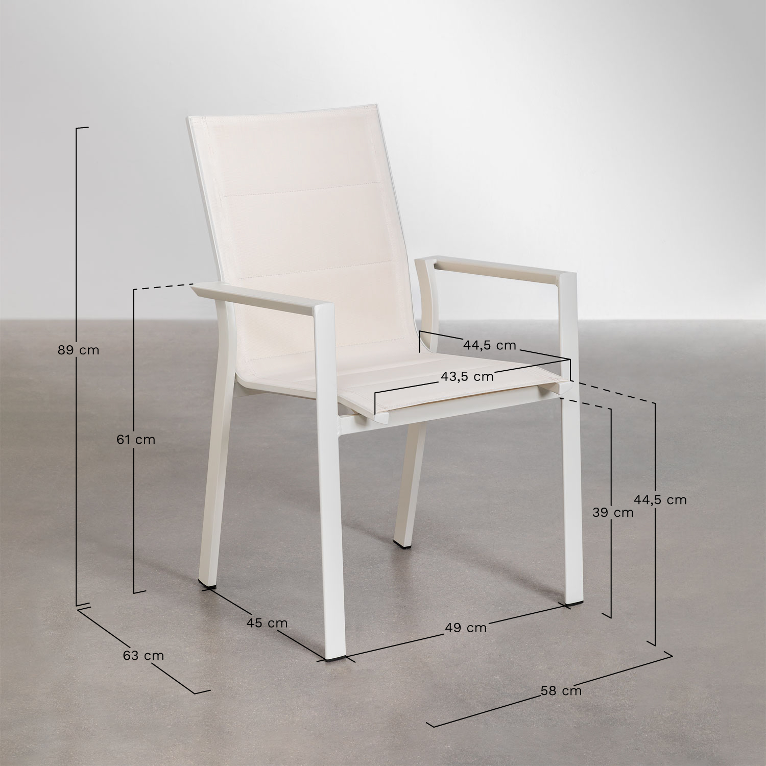 Set de mesa extensible redonda 145-200x145 cm Barces y 6 sillas de jardín apilables con reposabrazos en aluminio Karena, medidas