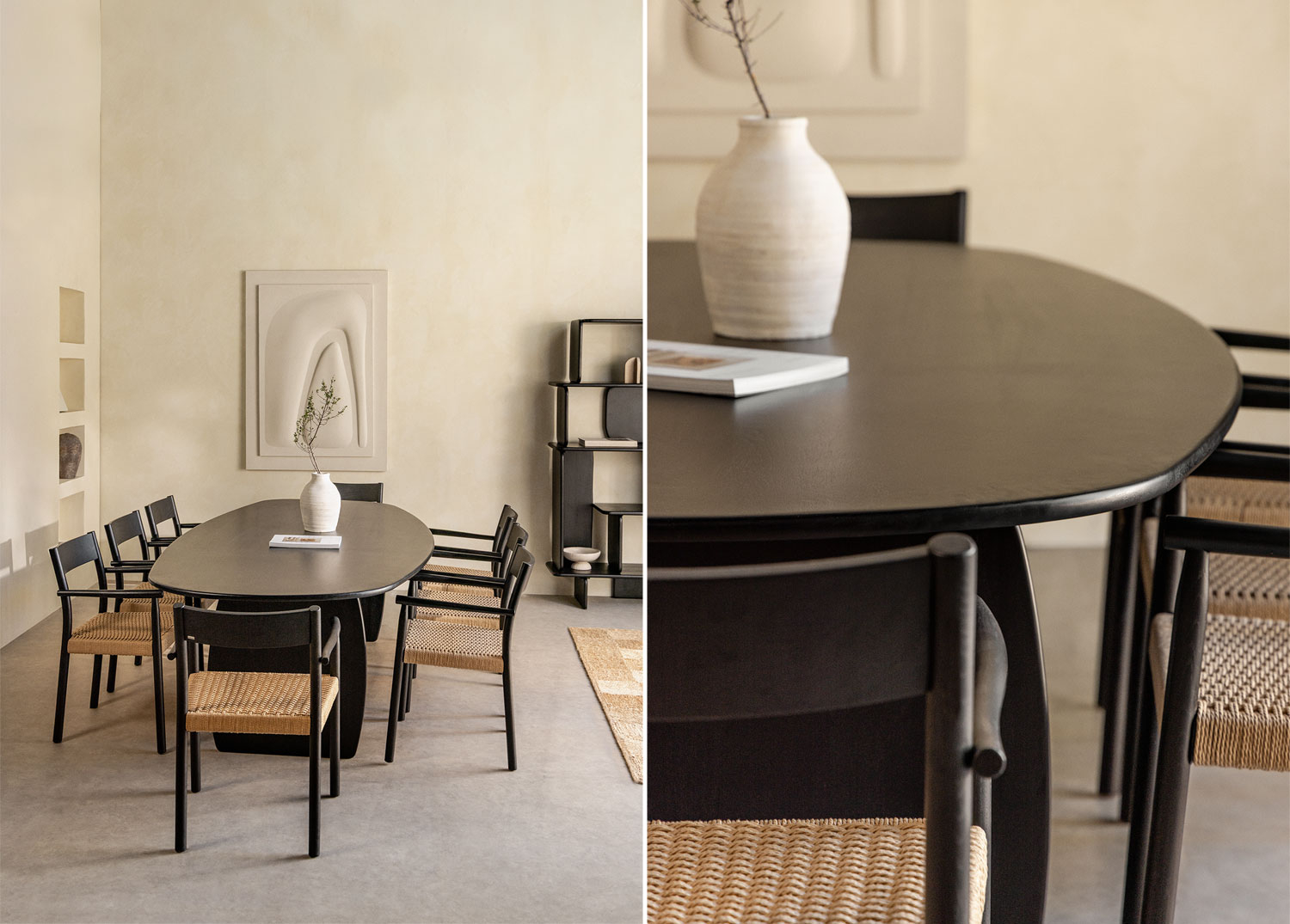 Set de Comedor Japandi: Mesa Ovalada Negra y 8 Sillas de Madera y Ratán