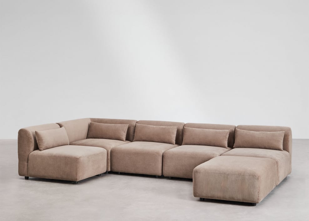 Sofá modular esquinero de 5 piezas con puff Fogler - Pana Marrón Camel
